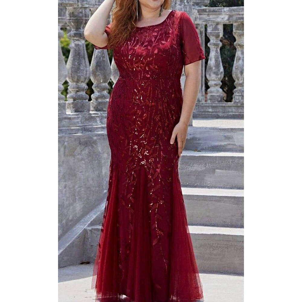 Ever-Pretty Dress Women Size 18 Burgundy Sequin Tulle Mermaid Formal Gown